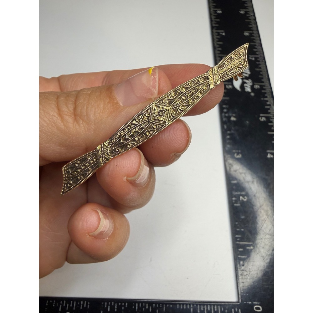 Vintage Gold Tone Art Deco Filigree Bar Brooch Pin Geometric Floral Design